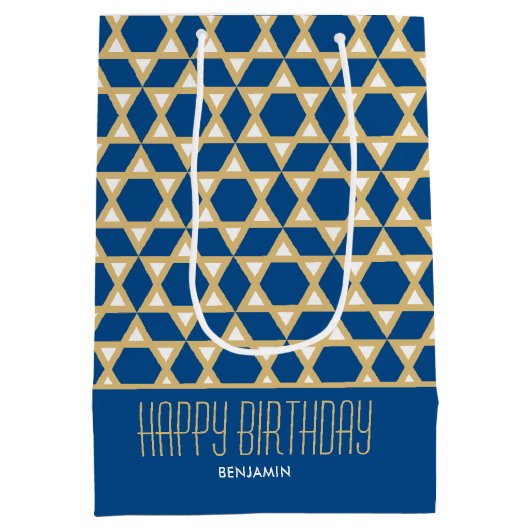 Stijlvolle Happy Birthday Star Patroon Navy Custom Medium Cadeauzakje (Achterkant)