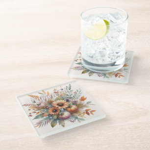 Stijlvolle Happy Herfst Pompoen Bloem Boeket Motie Glazen Onderzetter