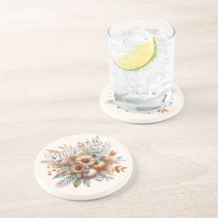 Stijlvolle Happy Herfst Pompoen Bloem Boeket Motie Zandsteen Onderzetter