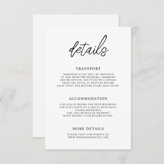Stijlvolle hedendaagse script bruiloft details informatiekaartje (Voorkant / Achterkant)