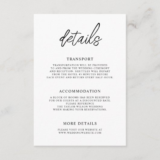 Stijlvolle hedendaagse script bruiloft details informatiekaartje (Voorkant)
