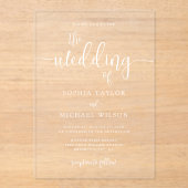 Stijlvolle hedendaagse script witte bruiloft acryl uitnodigingen (Voorkant)