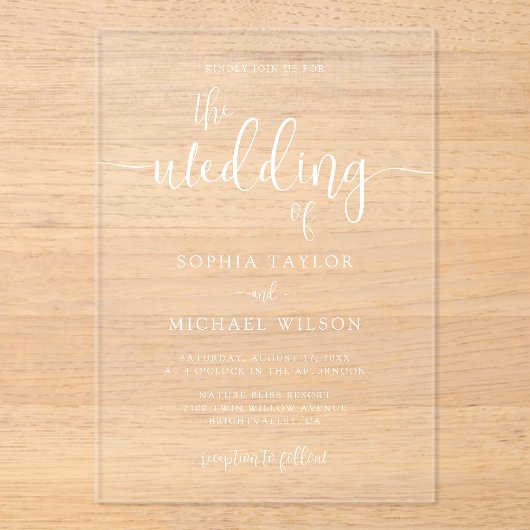 Stijlvolle hedendaagse script witte bruiloft acryl uitnodigingen (Voorkant)