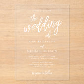 Stijlvolle hedendaagse script witte bruiloft acryl uitnodigingen (Voorkant)