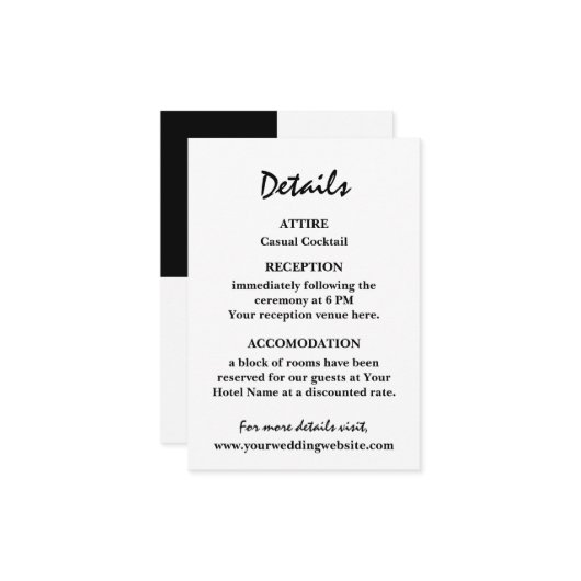 Stijlvolle hedendaagse zwart & wit bruiloft informatiekaartje (Voorkant / Achterkant in situ)