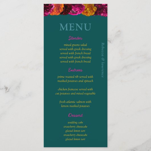 Stijlvolle helder groen geel roze bloemen bruiloft menu (Voorkant)