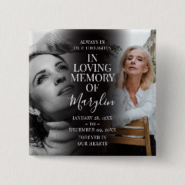 Stijlvolle herdenkingsknop voor en na foto vierkante button 5,1 cm