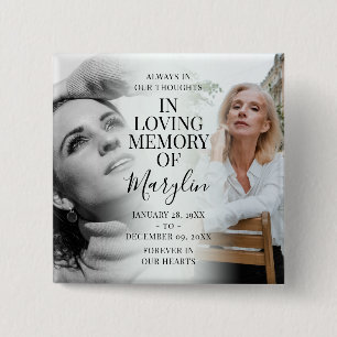 Stijlvolle herdenkingsknop voor en na foto vierkante button 5,1 cm