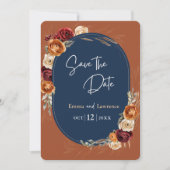 Stijlvolle herfst oranje navy bloemenbruiloft save the date (Voorkant)