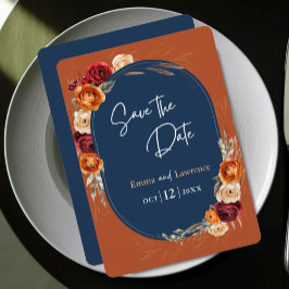 Stijlvolle herfst oranje navy bloemenbruiloft save the date
