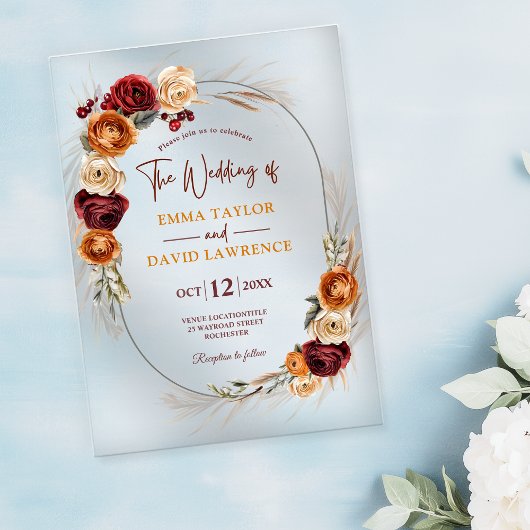 Stijlvolle herfst sinaasappel roest terracotta blo acryl uitnodigingen