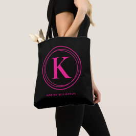 Stijlvolle hete roze monogram naam zwart tote bag