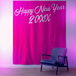 Stijlvolle hete roze witte script gelukkig nieuwja wandkleed