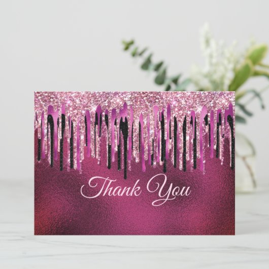 Stijlvolle hete roze zwarte druipende glitter bedankkaart (Staand voorkant)