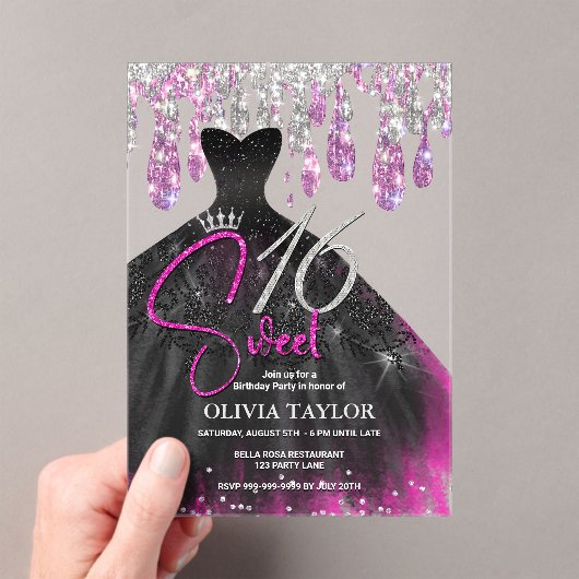 Stijlvolle hete roze zwarte jurk zoet 16 monogram acryl uitnodigingen (Insitu (Draagbaar))