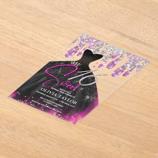 Stijlvolle hete roze zwarte jurk zoet 16 monogram acryl uitnodigingen (Laagn)