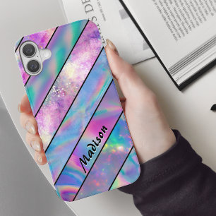 Stijlvolle holografische chique blauw roze gestree iPhone 16 hoesje
