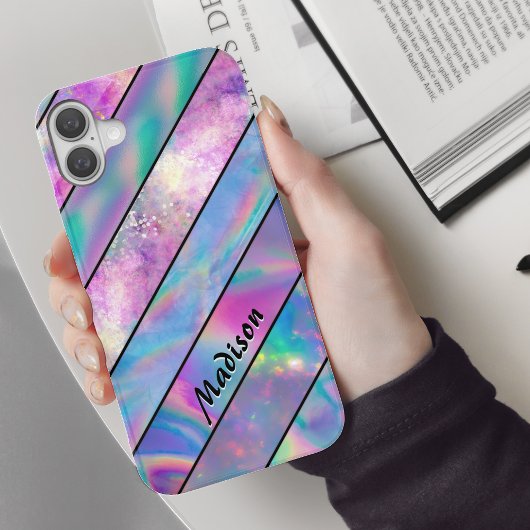 Stijlvolle holografische chique blauw roze gestree Case-Mate iPhone case