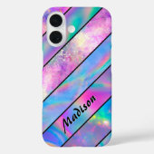 Stijlvolle holografische chique blauw roze gestree Case-Mate iPhone case (Achterkant)
