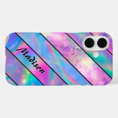 Stijlvolle holografische chique blauw roze gestree Case-Mate iPhone case (Achterkant (horizontaal))