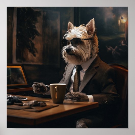 Stijlvolle Hond in een Kostuum Drink Koffie Poster (Voorkant)