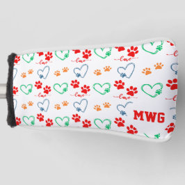 Stijlvolle HOND PAW PRINTS en LIEFDE HARTEN Monogr Golfheadcover
