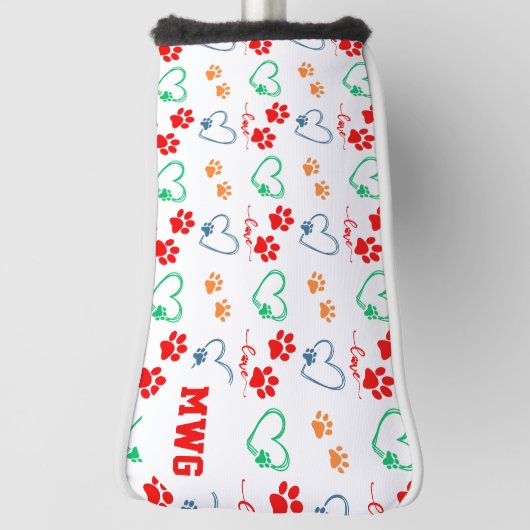 Stijlvolle HOND PAW PRINTS en LIEFDE HARTEN Monogr Golfheadcover (Draai 90)
