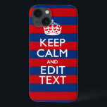 Stijlvolle HOP CALM EN Jouw tekst op strepen Case-Mate iPhone Case<br><div class="desc">Laat je eigen, kalm gezegde houden op dit mooie aangepast cadeau voor jezelf of voor iemand die speciaal op je lijst staat. Aangeboden op een levendige, stijlvolle rode en blauwe strepen decor. Met humoristische of grillige kreten kun je op de twee bewerkbare tekstvelden die je op deze productpagina ziet, je...</div>