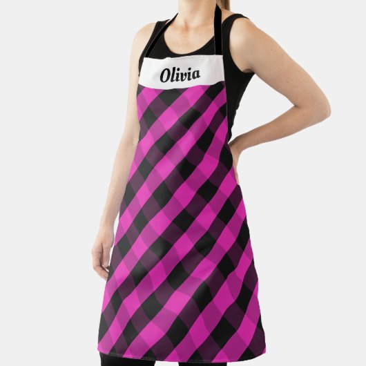Stijlvolle Hot Pink Plaid Custom Name Moderne keuk Schort (Insitu)