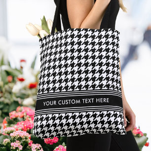 Stijlvolle Houndstooth Gepersonaliseerd Zwart Wit Tote Bag