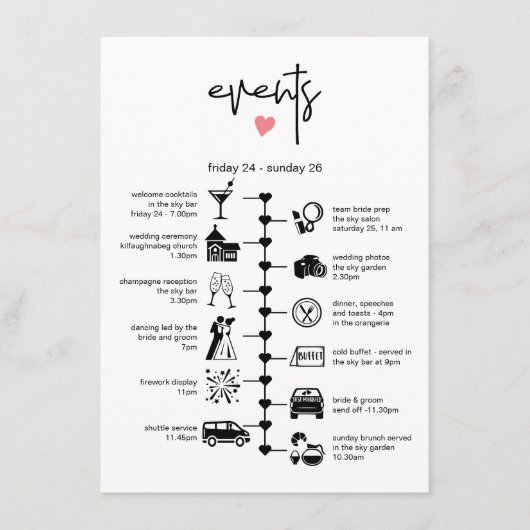 Stijlvolle huwelijkstijdlijn Gast reisroute Info Advieskaart (Voorkant)
