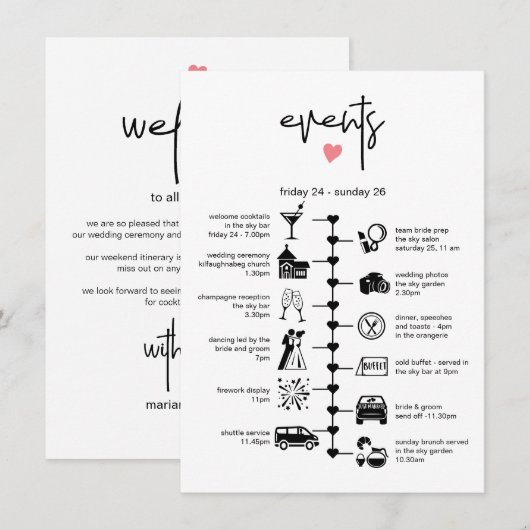 Stijlvolle huwelijkstijdlijn Gast reisroute Info Advieskaart (Voorkant / Achterkant)