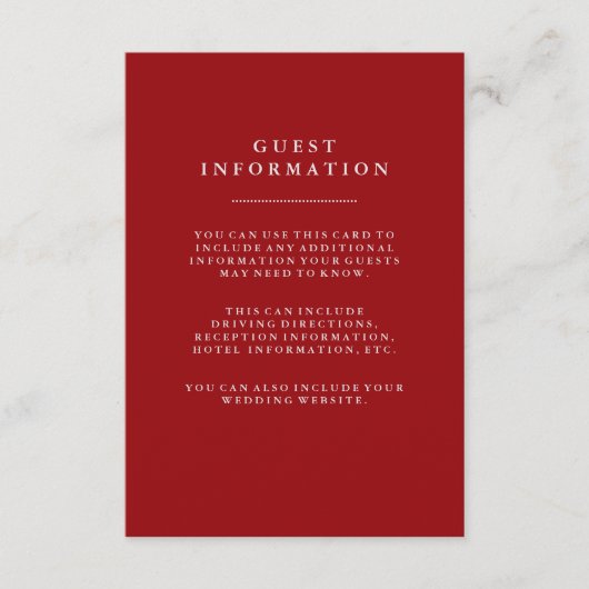 Stijlvolle informatie over Roodvakantieweddenschap Informatiekaartje (Voorkant)