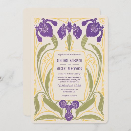 Stijlvolle Iris Art Nouveau bruiloft Kaart (Voorkant / Achterkant)