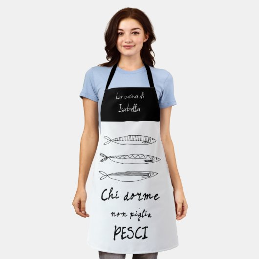 Stijlvolle italiaanse keukenzardines die zwart tek schort (Gedragen)