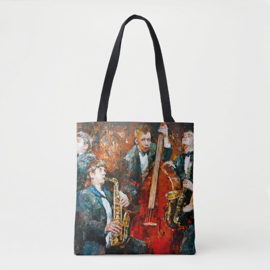 Stijlvolle jazzband die muziek speelt op de scène, tote bag (Voorkant)