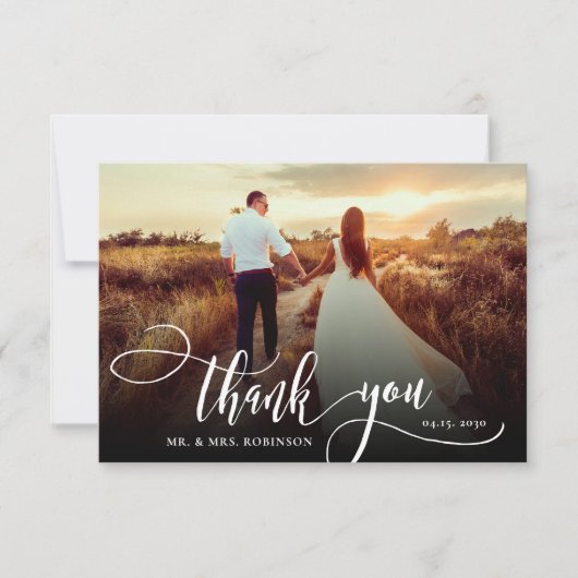 Stijlvolle kalligrafie 2 foto bruiloft dank u kaar bedankkaart (Voorkant)