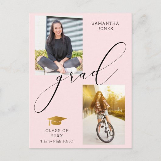 Stijlvolle kalligrafie Aangepast 2 Fotoroze Afstud Aankondigingskaart (Voorkant)