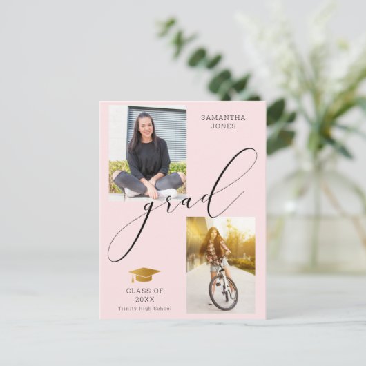 Stijlvolle kalligrafie Aangepast 2 Fotoroze Afstud Aankondigingskaart (Staand voorkant)