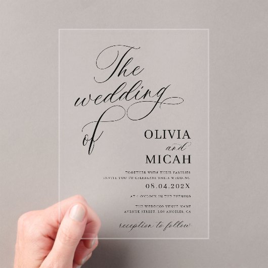 Stijlvolle kalligrafie Elegante zwart-wit bruiloft Acryl Uitnodigingen (Insitu (Draagbaar))