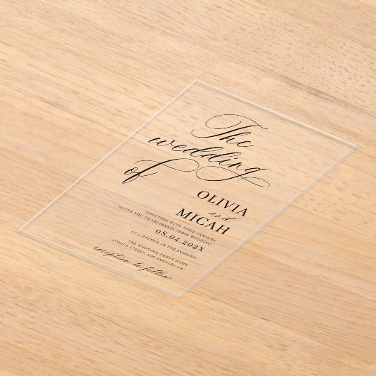 Stijlvolle kalligrafie Elegante zwart-wit bruiloft Acryl Uitnodigingen (Laagn)