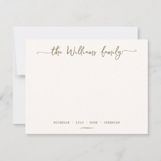 Stijlvolle kalligrafie familienaam gouden script notitiekaartje (Voorkant)