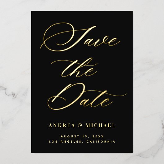 Stijlvolle kalligrafie foto & QR code bruiloft gou Folie Uitnodiging (Voorkant)