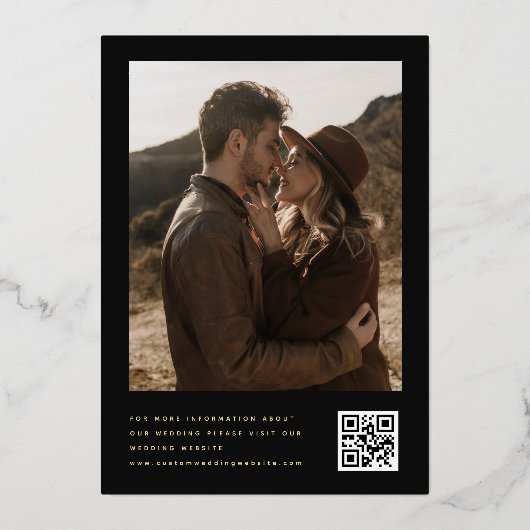 Stijlvolle kalligrafie foto & QR code bruiloft gou Folie Uitnodiging (Achterkant)