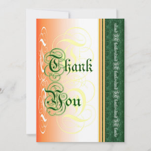 Stijlvolle kalligrafie in groen en sinaasappel bed bedankkaart