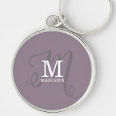 Stijlvolle Kalligrafie Monogram en Naam Paarse Sleutelhanger (Voorkant)