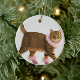    Stijlvolle kat in roze hakken en pluizige glamo Keramisch Ornament