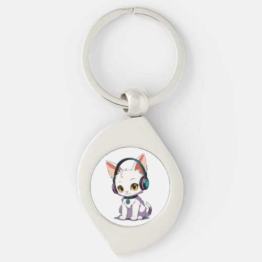 Stijlvolle kat met koptelefoon sleutelhanger (Voorkant)