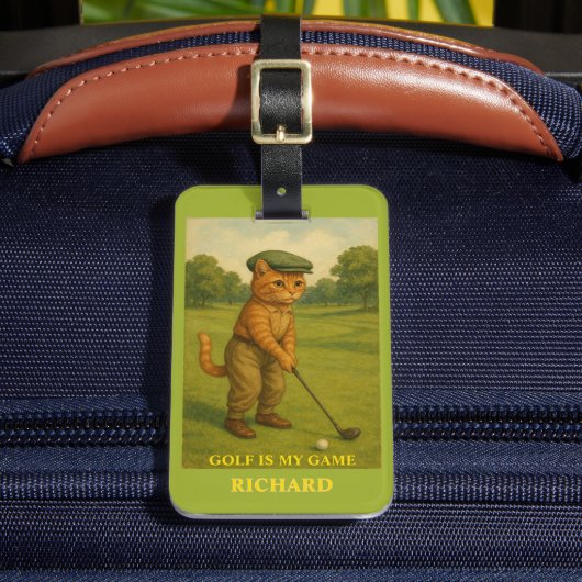 Stijlvolle kat speelt golf gepersonaliseerd bagagelabel (Voorkant Insitu 2)