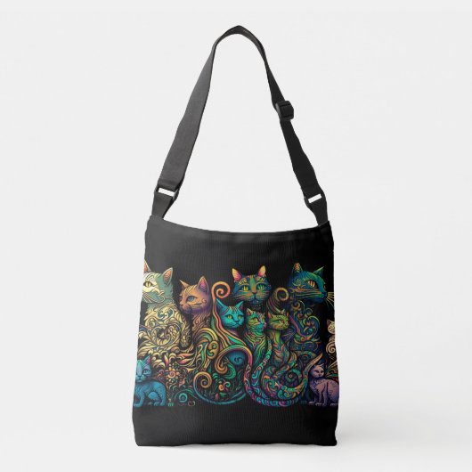 Stijlvolle Kattenkleuren op Black Frieze Crossbody Tas (Voorkant)